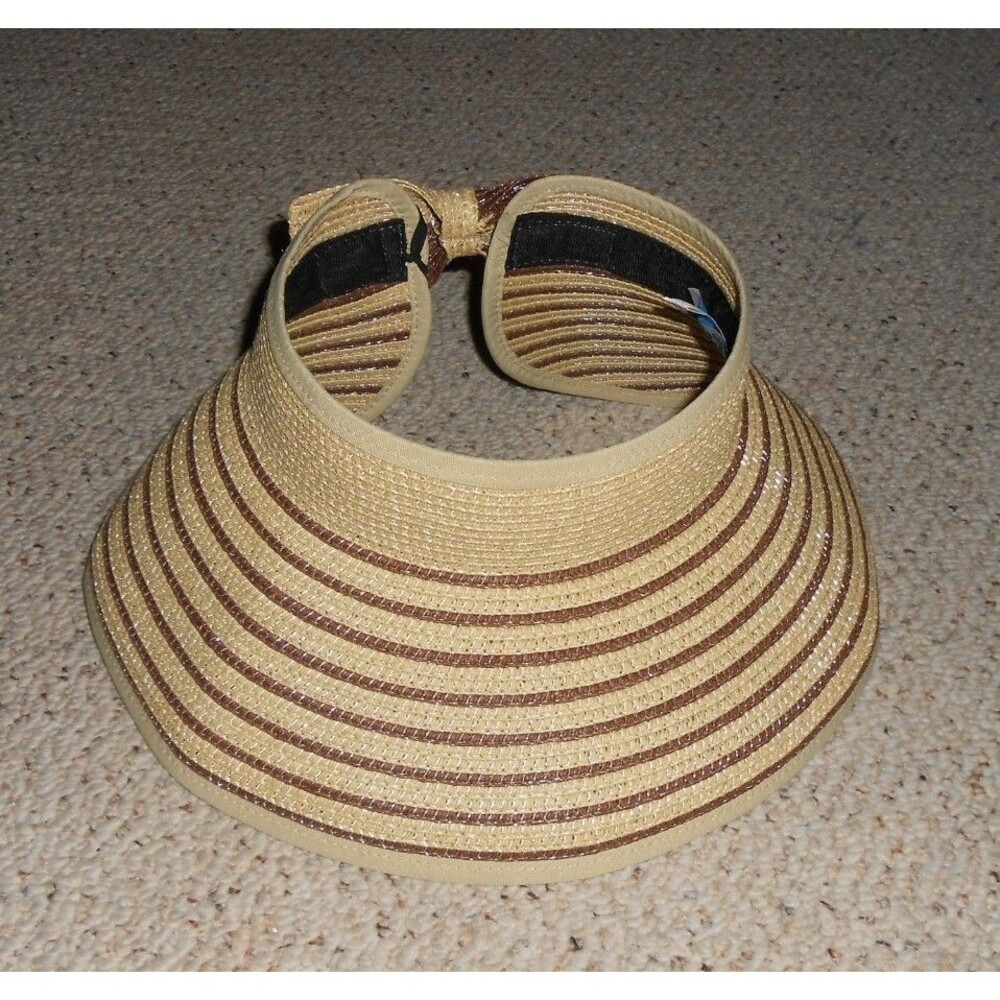 CRUISE CLUB WOMEN'S Straw Sun Beach Hat Adjustable Visor Beige/Brown EUC